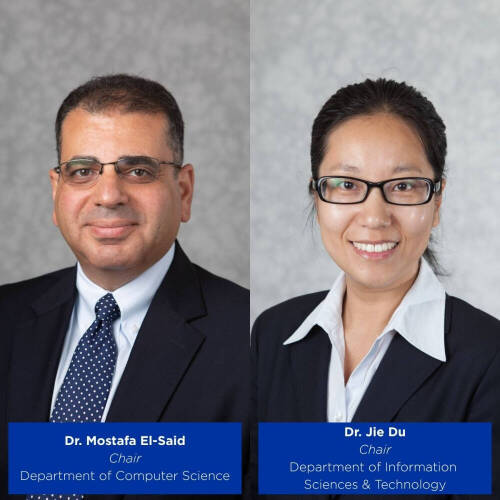 Side-by-side professional portraits of Dr. Mostafa El-Said,on the left ,wearing a dark suit, white shirt, and blue polka-dot tie. Dr. Jie Du, on the right wearing a dark blazer and white collared shirt.